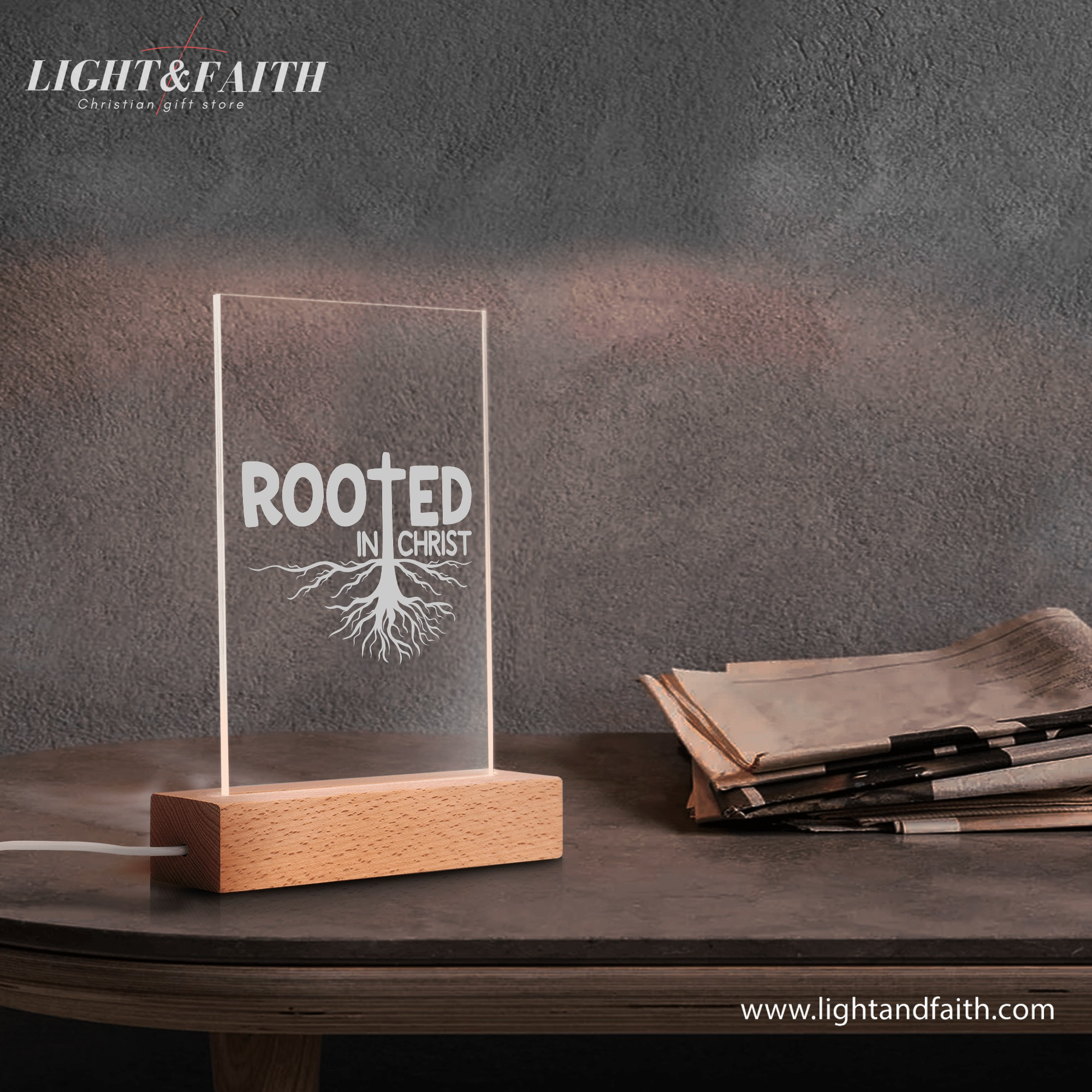 Rooted In Christ LED Light, Christian Bible Verse Lamp, Inspirational Acrylic Night Light, Religious Home Decor, Faith Gift for Believers. NLLAF19